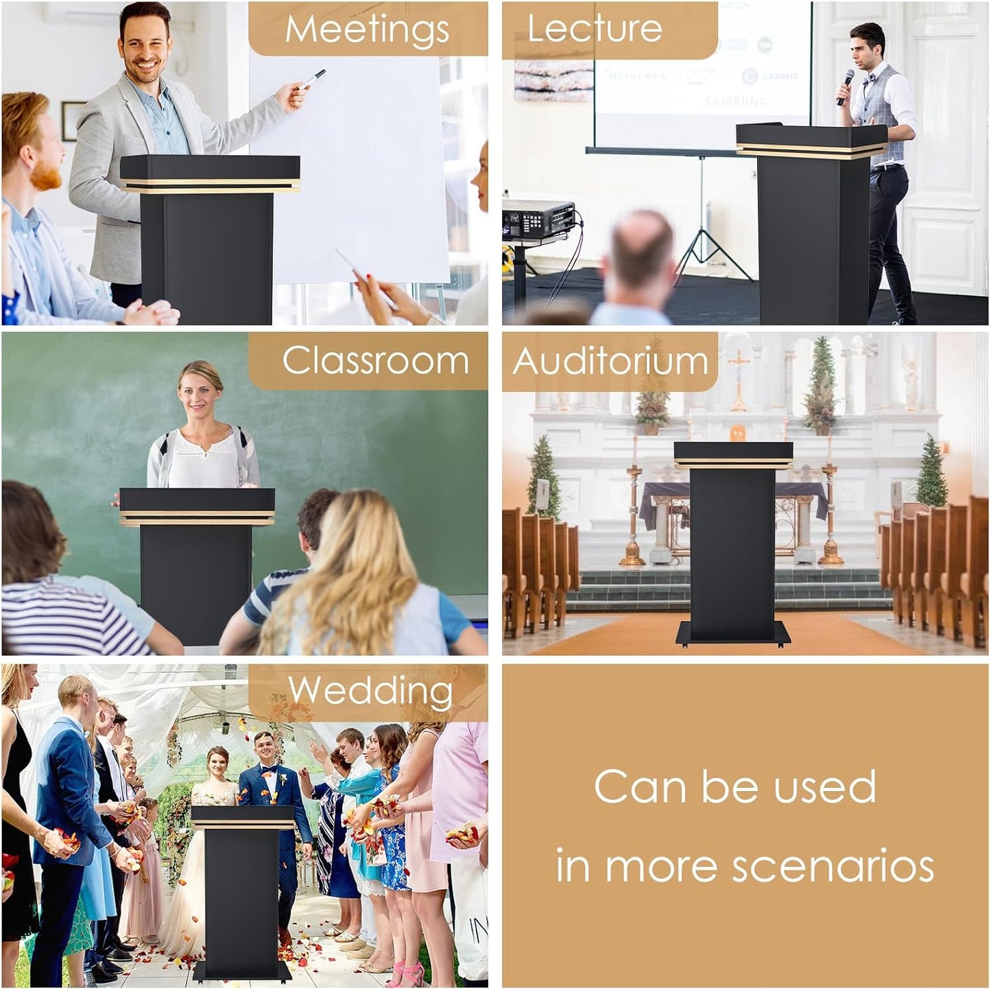 43" Wood Podium Stand with 3 Levels of Storage, Portable Lectern with Wheels, Floor Standing Customer Reception Podiums Mic Stand Desk for Churches, Office, School,Conference, Auditorium
