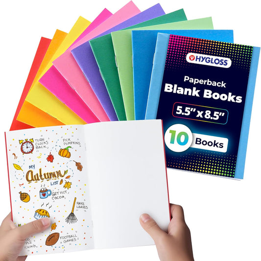 Hygloss Blank Books 5.5 x 8.5 Inches - 10 Pack – 10 Assorted Colors Paperback for Drawing & Writing – Empty Books for Journaling, Sketching or Arts & Craft