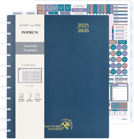 POPRUN Teacher Planner 2025-2026, (Disc-Bound Letter Size - 8.5'' x 11'') Academic Lesson Planner (Jul. 2025 - Jun. 2026) with Monthly Tabs, 2-Sided Pocket, Hardcover for Teachers, Prussian Blue