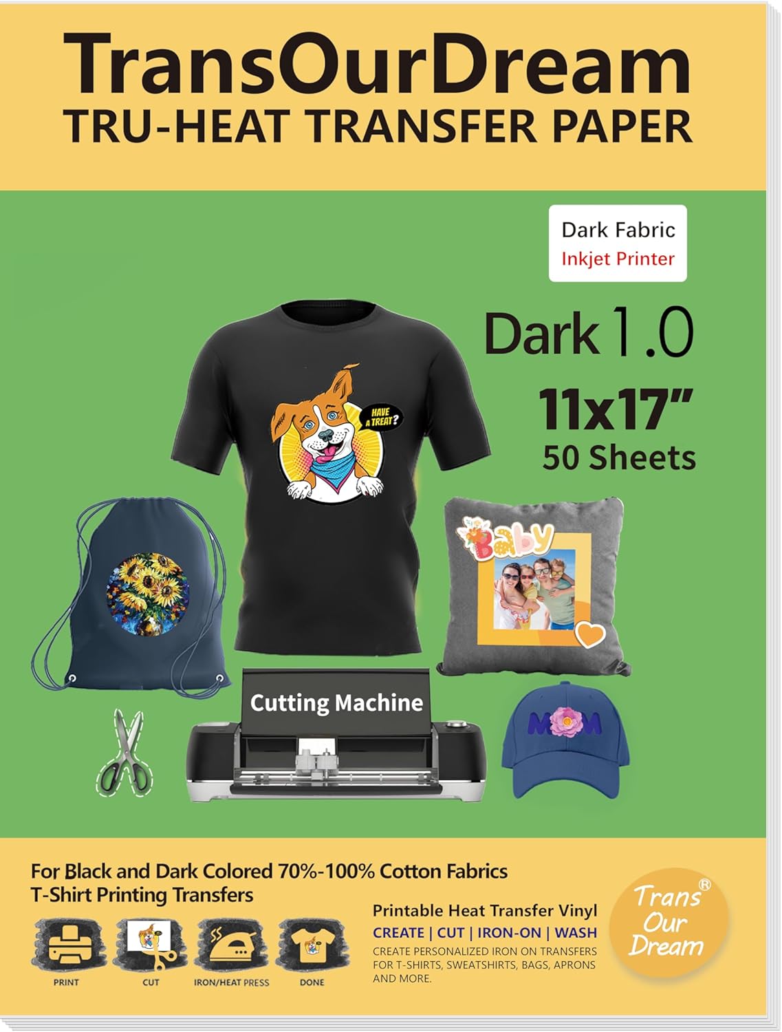 TransOurDream Dark Heat Transfer Paper for T Shirts (50 Sheets, 11x17") Printable HTV Heat Transfer Vinyl for Inkjet Printer Iron on Transfers for Dark Fabrics