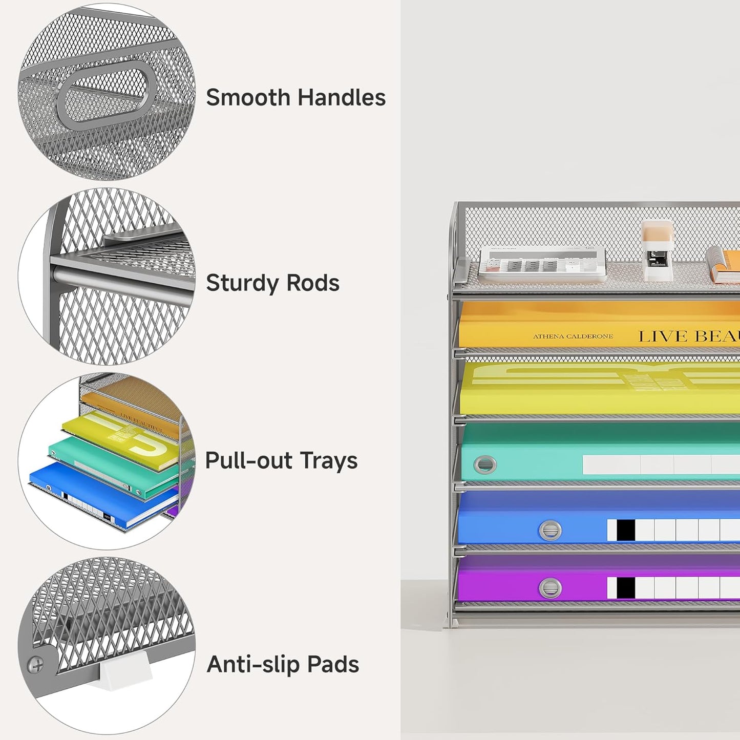 6 Tier Paper Organizer with Handle, Metal Desk Organizer Mesh Paper Letter Tray Desktop File Folder Document Sorter for Classroom, School, Office Accessories Organization and Storage - Silver