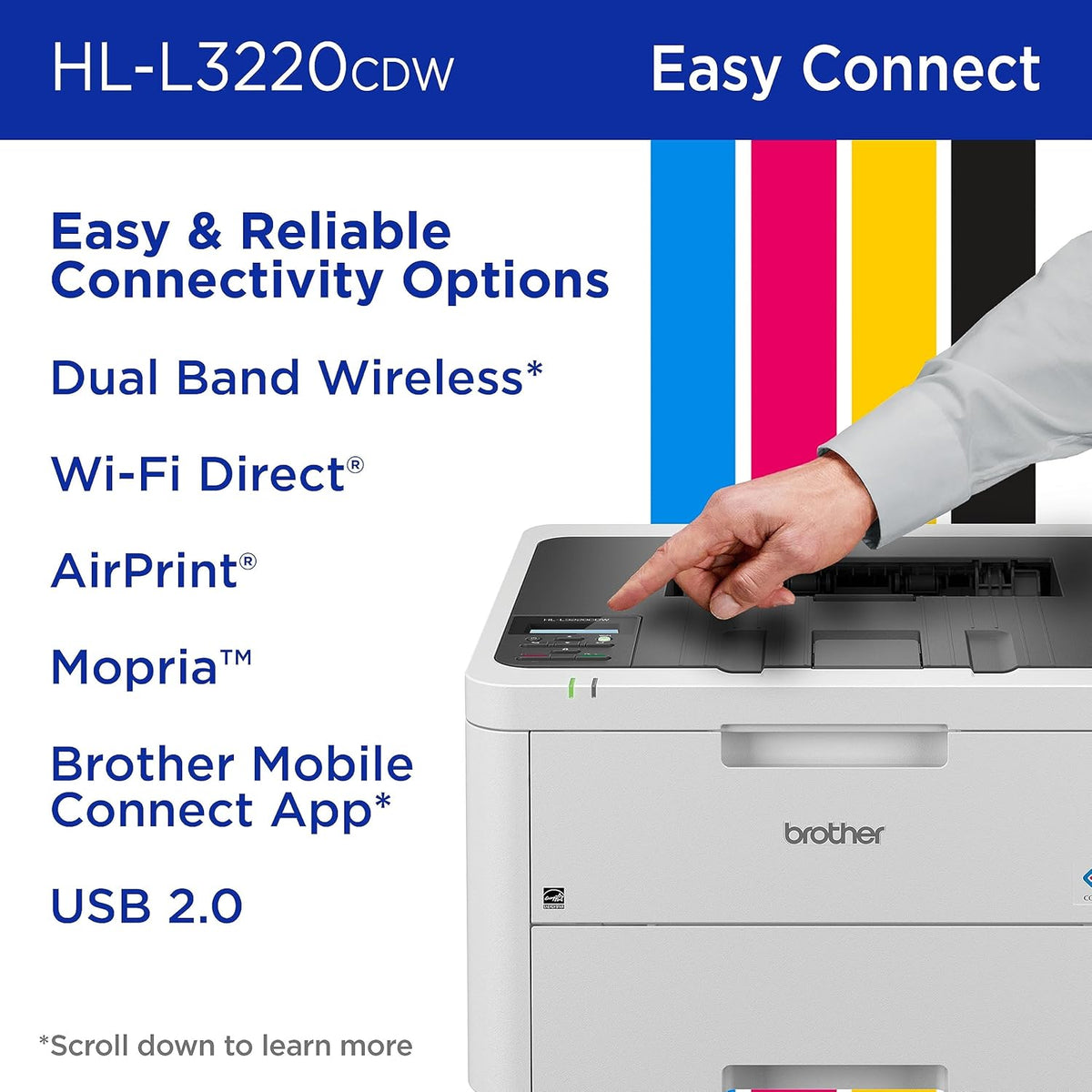 Brother Color Laser Printer with Wireless Printing Fast 19 PPM Output, Duplex Feature, Mobile Device Compatible, 250-Sheet Paper Tray for Professional Home Office Printing (HL-L3220CDW)
