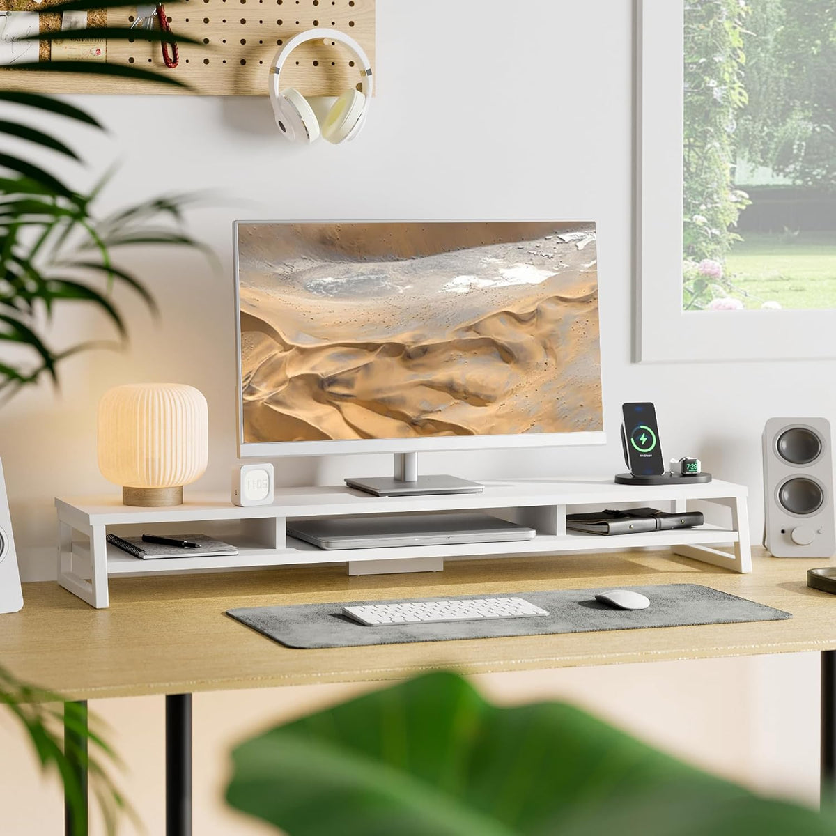 Fenge Dual Monitor Stand for Desk, 42.5in Large Monitor Riser for 2 Monitors, 2 Tier Computer Office Desk Top Shelf, Desktop Storage Stand for Laptop, PC, Computer, Printer
