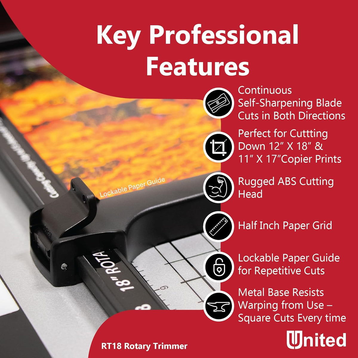 United Office Products RT18 Commercial Rotary Paper Trimmer, Sturdy Metal Base, 18" Cut Length, 15 Sheet Capacity, Paper Cutter for Offices, Schools and Crafts