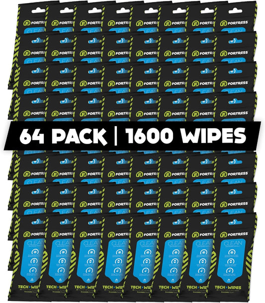 Fortress Electronic Wipes (25 ct, Pack of 64) To-Go Tech Wipes for Screens, Phones, Keyboards, TV Monitors, Computer Screens, and More [Travel Size] Skin-Safe