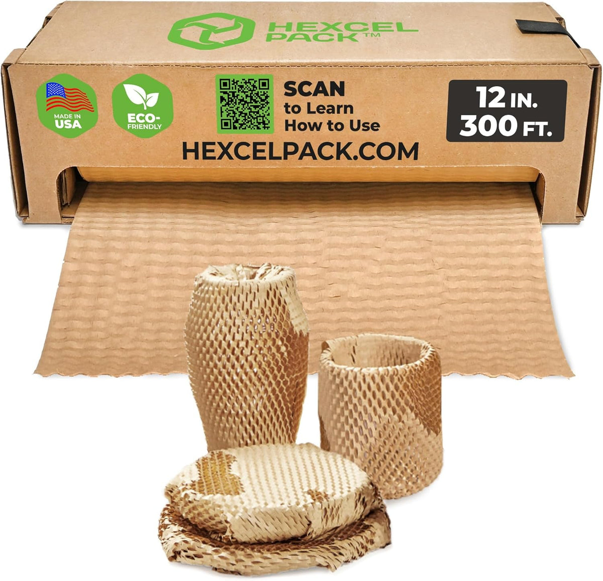 HexcelWrap Mini - Honeycomb Packing Paper, Eco-Friendly, Sustainable Paper Bubble Wrap for Shipping & Moving, Cushioned Packing Material in Easy Self-Dispenser Box - Natural, 12" x 300'