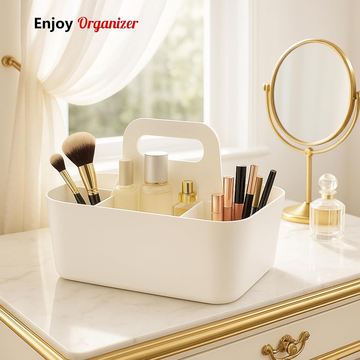 2 Pack Small 6 Compartment Multiuse Caddy Organizer with Handle Art Craft Supplies, Office, Desk, Stationery Pen Holder Stackable- Made In USA (Ivory)