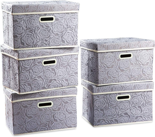 PRANDOM Foldable Storage Bins with Lids [5-Pack] Fabric Decorative Storage Box Cubes Organizer Containers Baskets with Cover Handles Divider for Bedroom Closet Living Room Grey 14.9x9.8x9.8 Inch