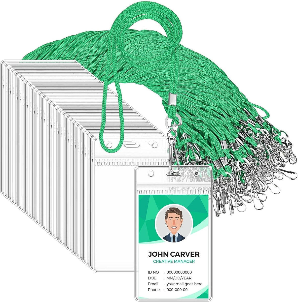 Marspark 100 Pieces Lanyards for ID Badges Name Tag Lanyards Bulk Neck Lanyard Badge Holder for Reel ID Card Name Badge Holder Waterproof Plastic Resealable Card Sleeves Hook Cords(Green)