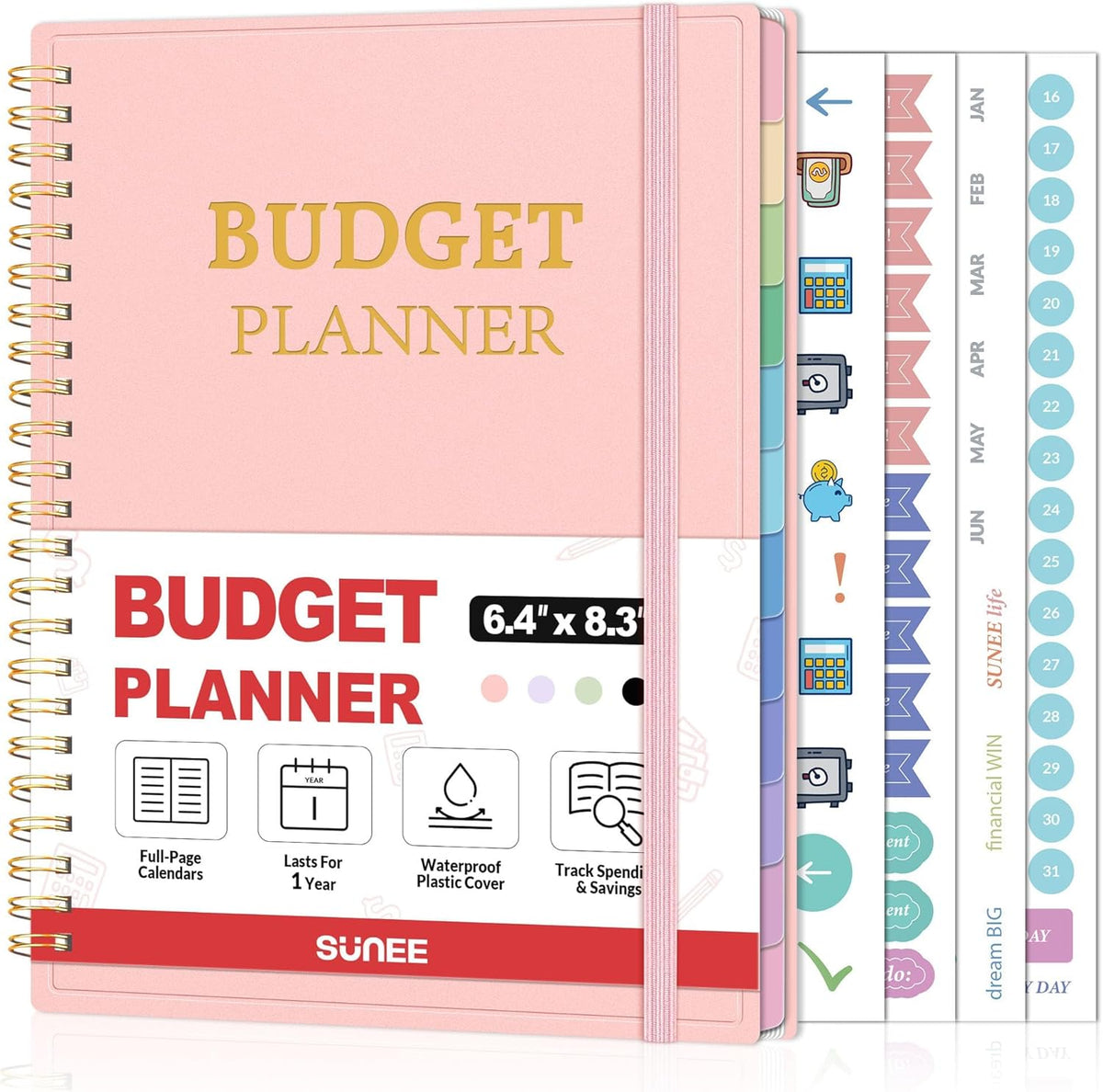 SUNEE Budget Planner - Monthly Budget Book with Expense Tracker Notebook, Undated 12 Month Bill Organizer & Finance Planner to Manage Your Money, A5(6.4" x 8.3") Account Book with Colorful Tab, Pink