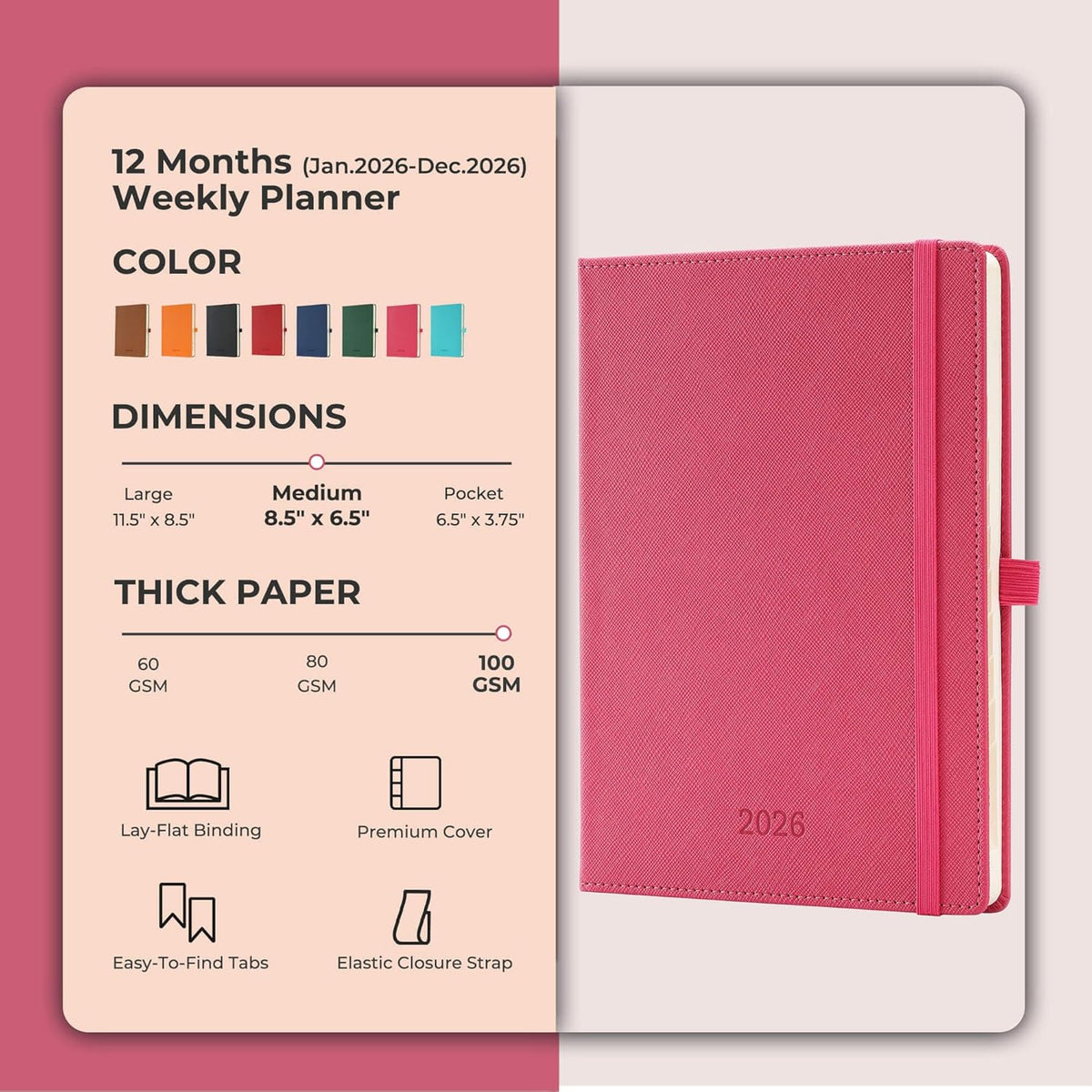 IN-LUXPRO Weekly Monthly 2026 Planner (Jan.26-Dec.26),8.5"x6.5",12 Months Agenda Plan with Month Tabs & Pocket,Expenses/Note Pages, Appointment Book Calendar with Vegan Leather Cover,Rose Red