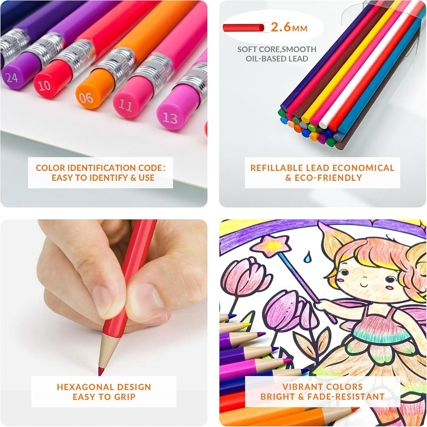 24 Mechanical Colored Pencils with 24 Lead Refills for Adult Coloring Books, 2.6mm Oil-Based Soft Core Drawing Pencils, Vividly Brilliant Colors for Art & Sketching, with Sharpener