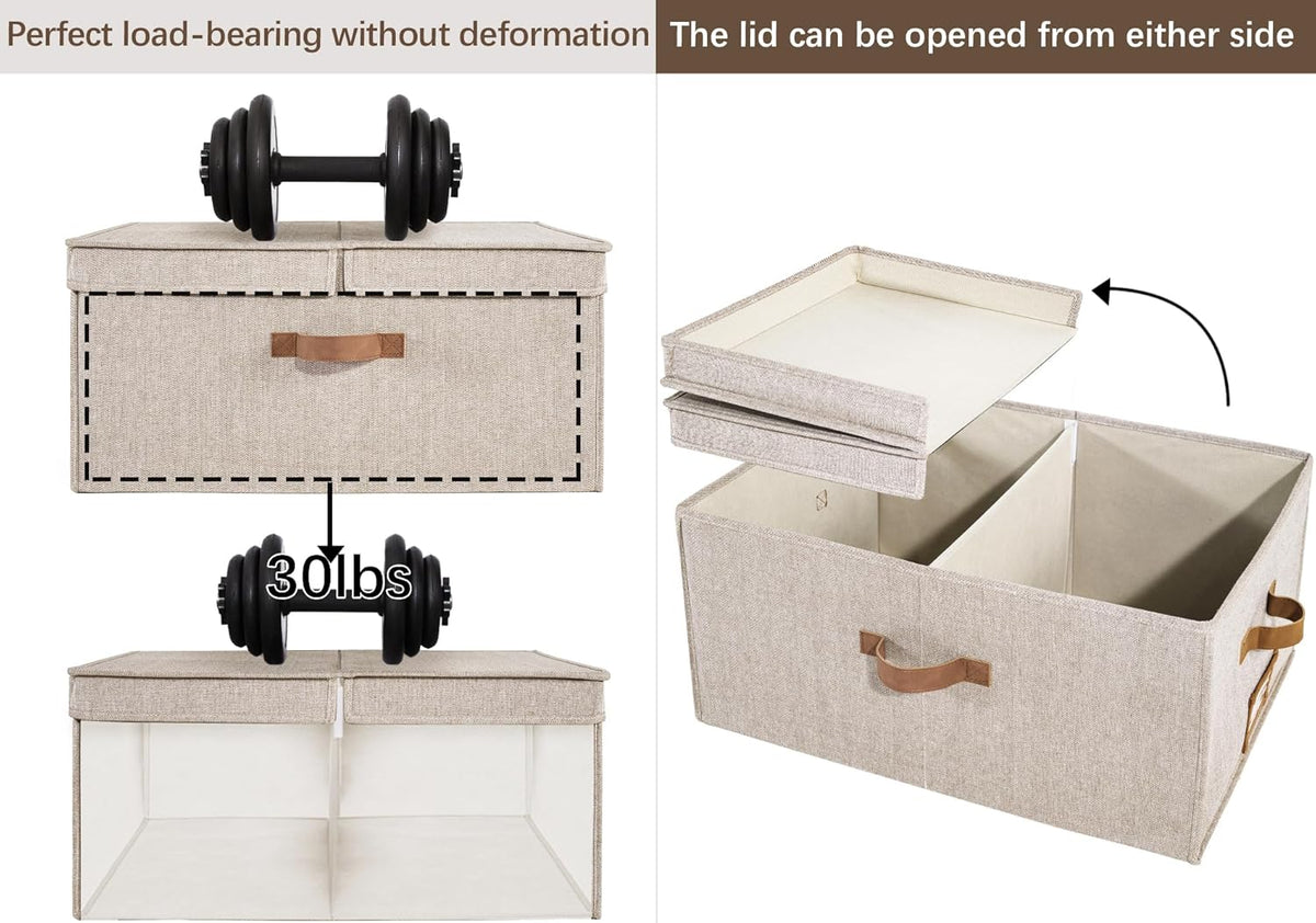 StorageWorks Extra Large Storage Bins with Lids, 55L Decorative Organizer with Divider Board, Fabric Boxes with Handles, Mixing of Brown & Beige, 2-Pack