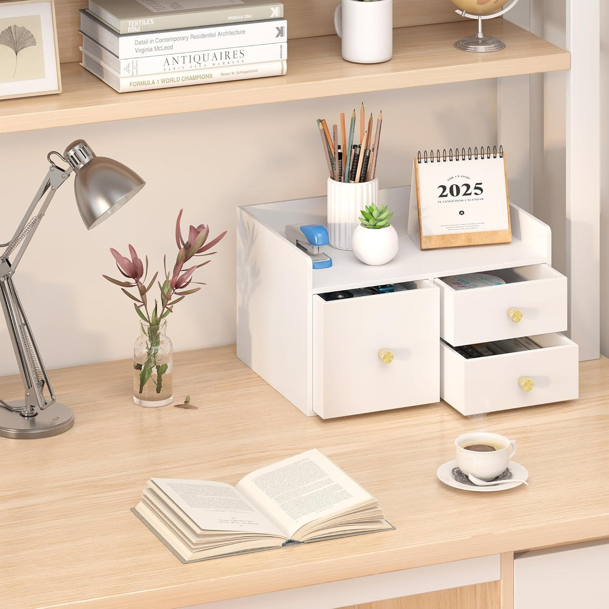Bamboo Desk Organizer - Stackable, No Assembly Required, Ideal for Office/Home Use - Perfect for Toiletries, Stationery, Accessories. (White, Square drawer to the left of the fence)