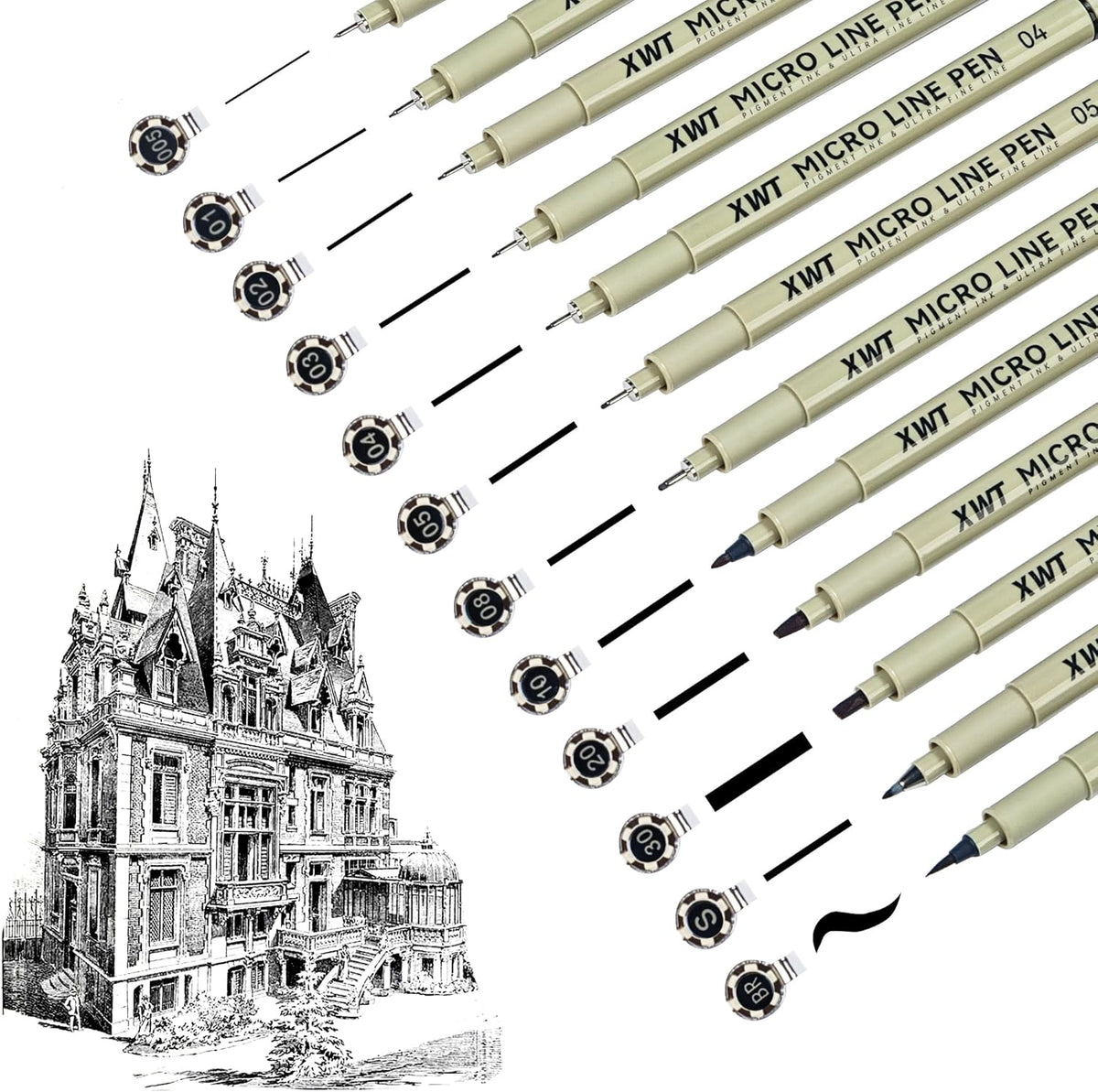 Micro Fineliner Pens 12 Size/Set, Ultra Fine Fineliner Pen, Chisel Pens, Brush Marker Pen, Water-based Black Pigment Ink, Drawing Journaling Doodle Supplies for Artists, Designers, Students