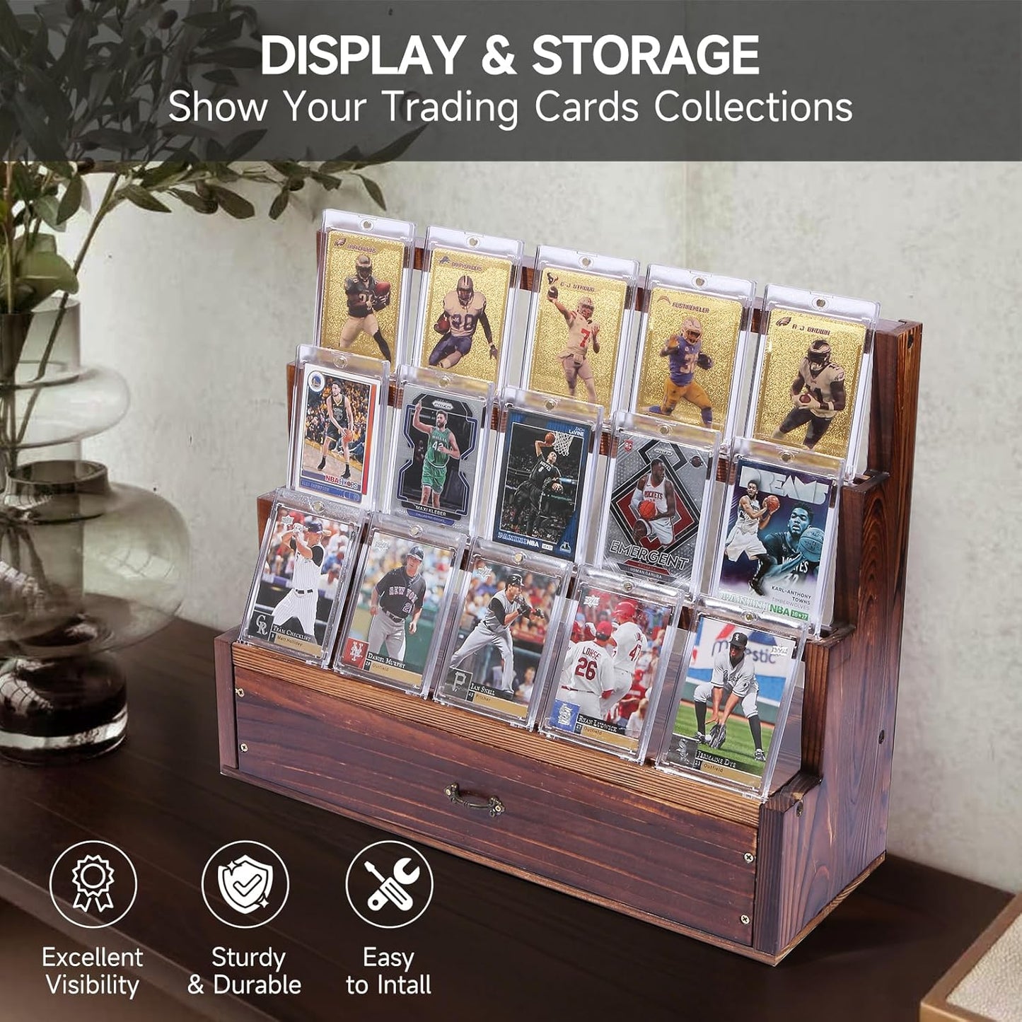 Card Display Stand with Storage Cabinet – Wooden 3-Tier Baseball Card Display Stands for PSA Graded Cards – Trading Card Display Stand for Sports Card Collection & Organization