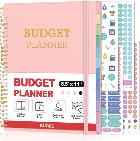 SUNEE Budget Planner - Monthly Budget Book with Expense Tracker Notebook, A4(8.5" x 11") Undated 12 Month Bill Organizer & Finance Planner to Manage Your Money, Account Book with Colorful Tab, Pink
