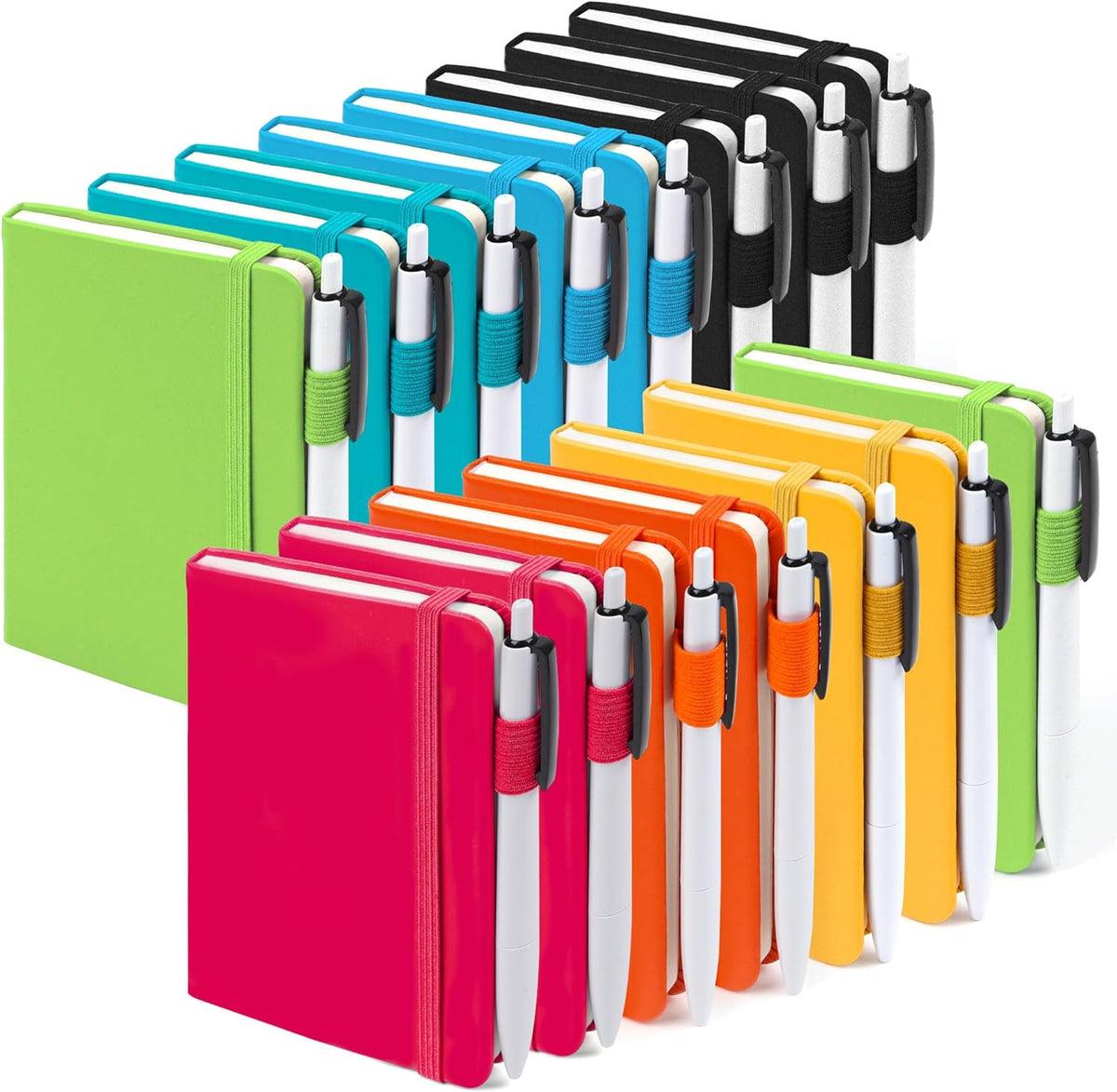 feela Pocket Small Notebooks Bulk, Mini Cute Notepads Hardcover College Ruled Lined Journals with Pen Holder for School Business Memos, with 15 Black Pens, 3.5”x 5.5”, 15 Pack, A6, Solid Colors