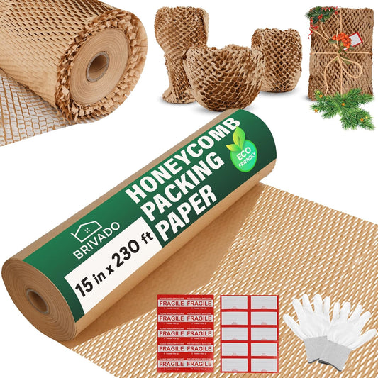 Honeycomb Packing Paper 15"x230' Roll with Fragile & Labeling Stickers, Gloves - Bubble Wrap for Moving,Products & Gifts Wrapping Paper, Recyclable & Biodegradable Cushioning Packing Material.