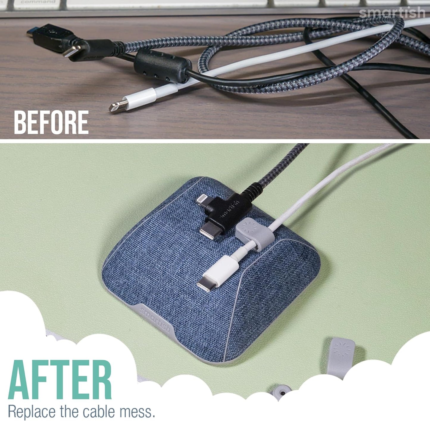 Smartish® Magnetic Cord Holder - Cable Wrangler Organizer with Magnet Clips for Charger Management on Desktop, Nightstand, or Side Table for All Cables, USB-C, Lightning Cables - Blue Jeanie