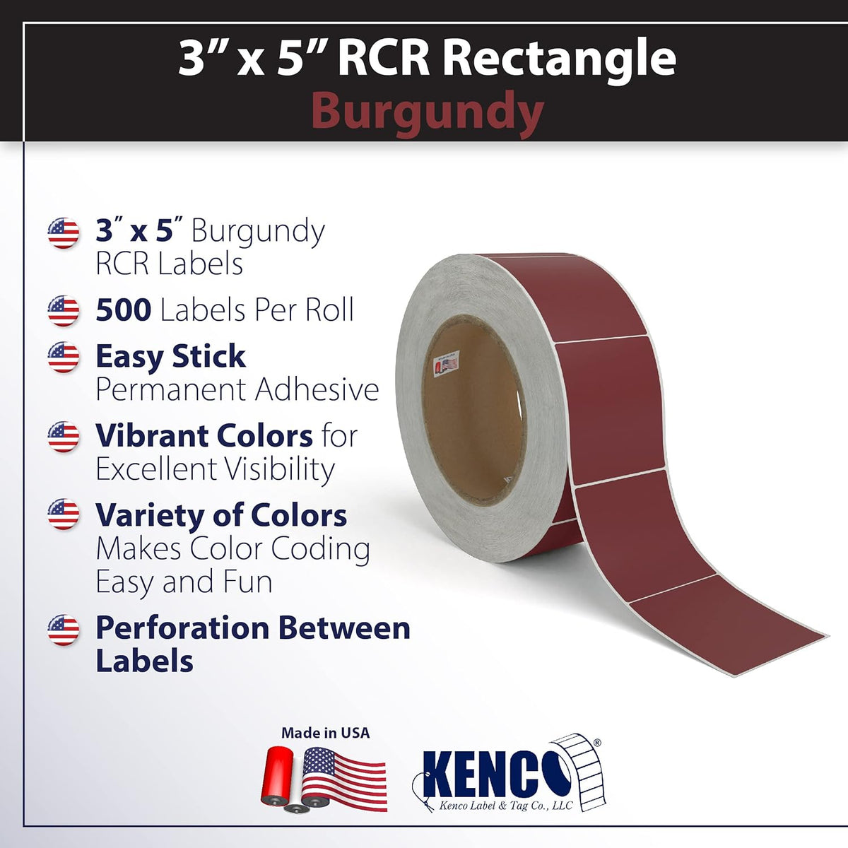 Kenco Color Coding 3 X 5 Rectangle Labels, Inventory Control Stickers 500 Labels Per Roll, Made in The USA (Burgundy)