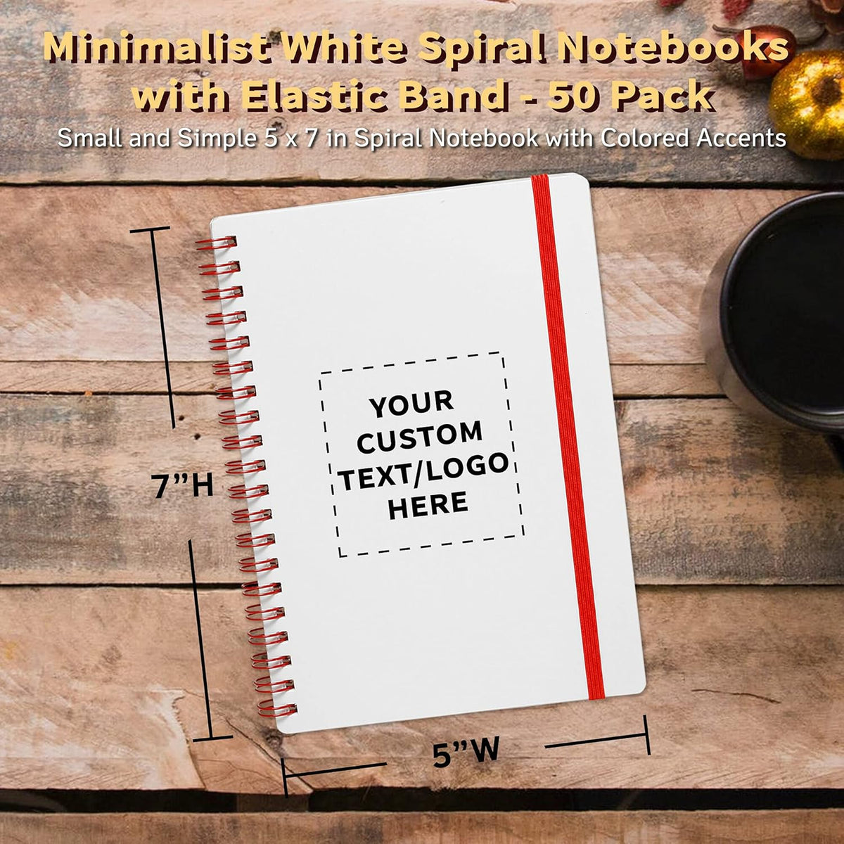 50 White Spiral Notebooks with Elastic Band Pack - Customizable Text, Logo - 80 lined pages, Recycled - Red