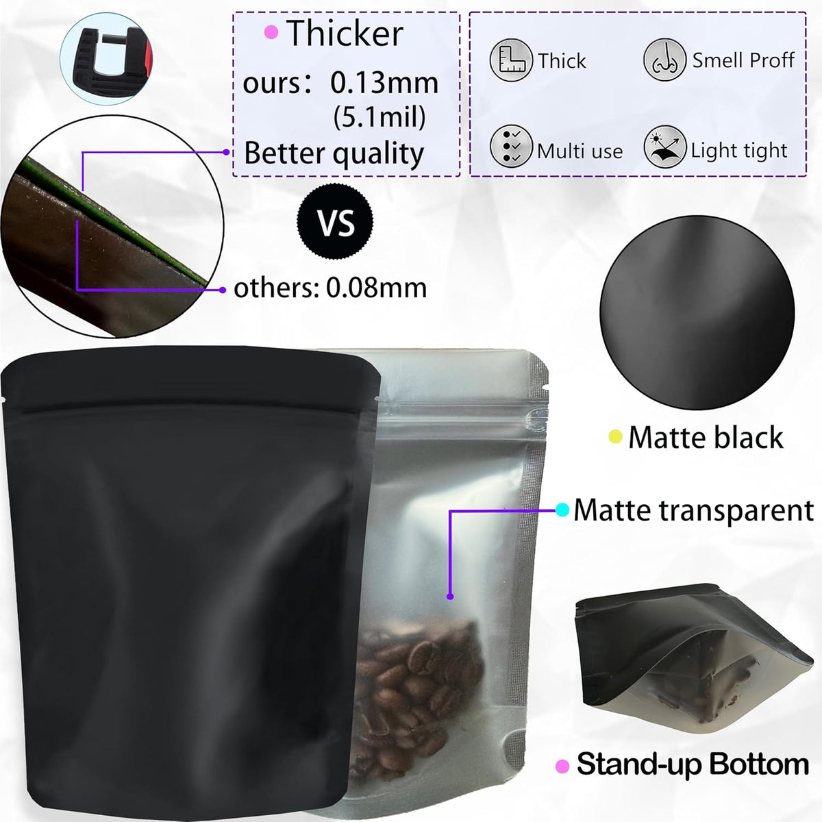 100 Pack Mylar Bags, 5 x 8 inchs Premium Smell Proof Bags with Double-sided matte design ，Resealable Food Storage Aluminum Foil Stand-up Packaging Bags. (14 Grams or 1/2 Onces)