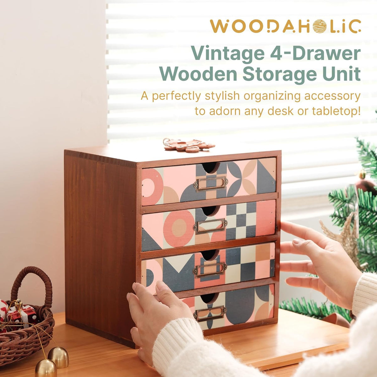 Mid-Century Modern Geometric Pattern Desk Organizer - Earth Tone Desktop Storage with 4-Drawer - Retro Modern Wood Cabinet for Office Supplies, Craft Tools, & Home Organization - MCM Drawer Unit