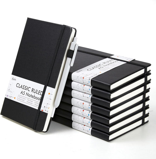feela 8 Pack Journal Notebook Bulk for School, Hardcover Business Notebooks Classic Ruled Lined Journals with Pen Holder for Work Note Taking, with 8 Black Pens, 120 GSM, 5.1”x8.3”, A5, Black