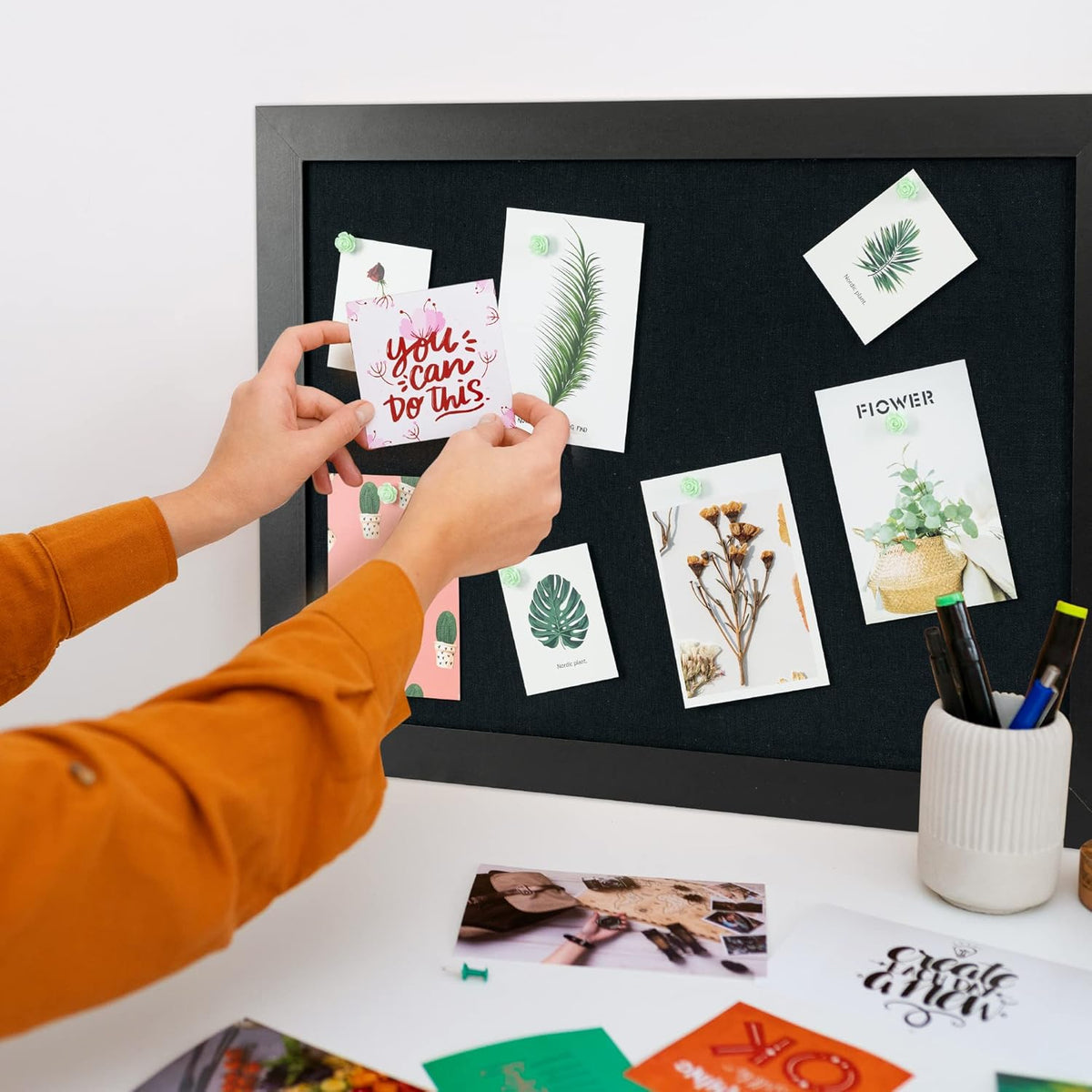 Board2by Black Cork Board Bulletin Board with Linen, Wood Framed 30" x 20" Corkboard, Office Board for Wall Decor, Wall Mounted Pin Board Picture Board with 20 Pushpins for School, Home & Office