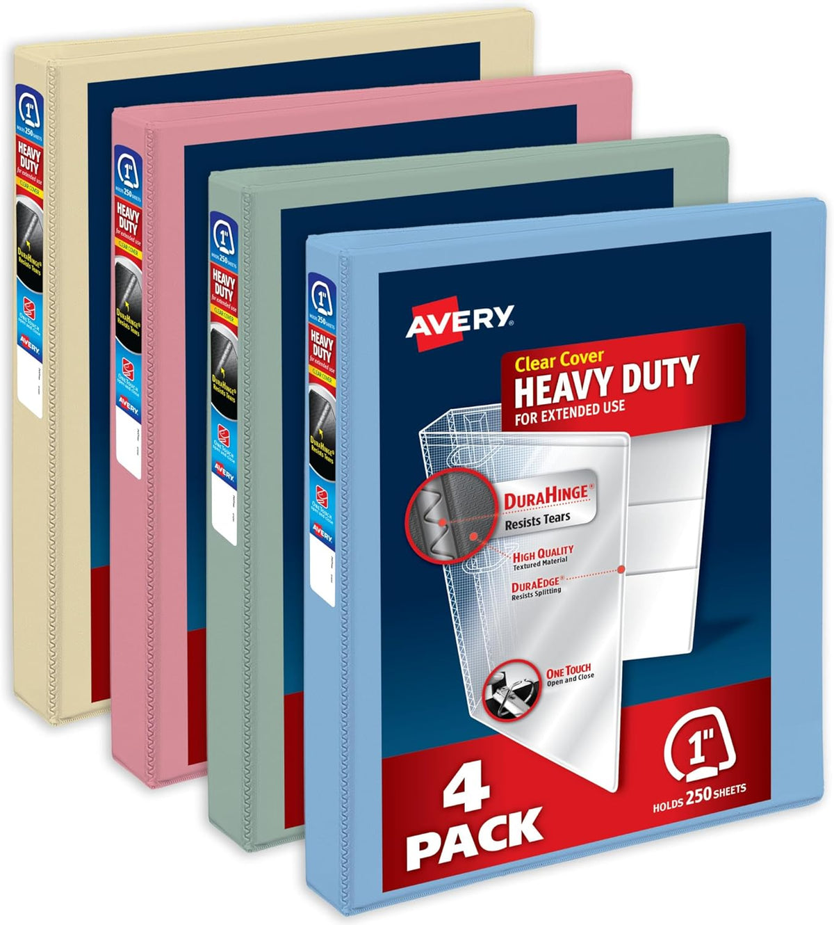 Avery Heavy-Duty View 3 Ring Binders, 1 Inch One Touch Slant Rings, 250-Sheet Capacity, Assorted Pastel Colors, 4-Pack (79631) – for School, Office, Teachers, Classrooms & Home Organization