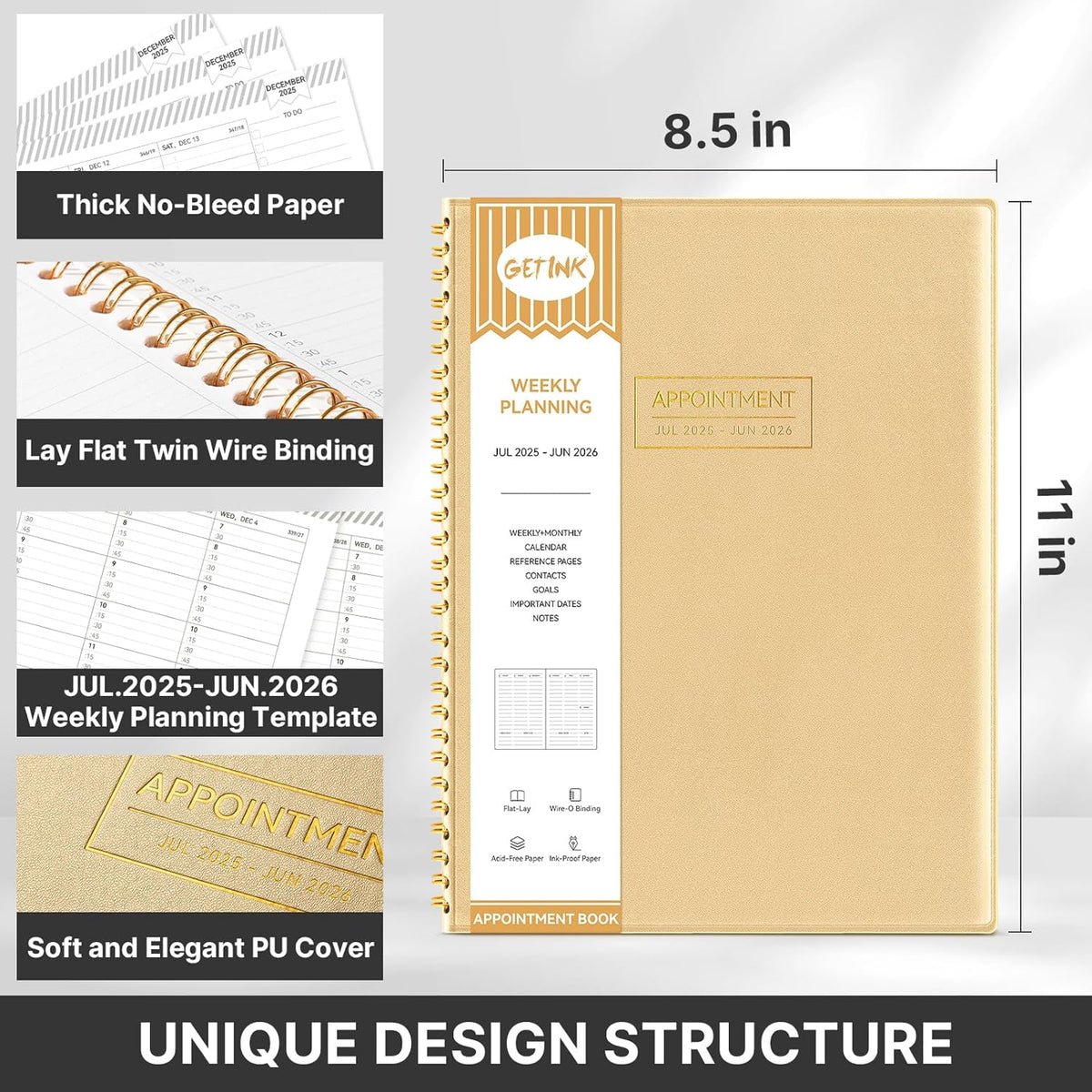GETINK Appointment Book 2025-2026 Weekly Daily Hourly Planner 8.5"x11" Spiral Bound, Jul. 2025 - Jun. 2026, Laredule Appointment Planner 2025 with 15-Minute Increments, Flexible Cover, Gold