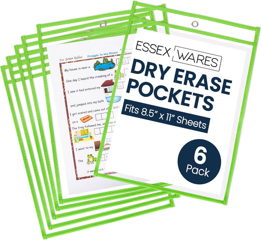 Essex Wares - 6 Pack, Lime Green, Water-Resistant Dry Erase Pocket Document Protectors, 10" Wide x 13.5" Tall - Dry Erase Clear Plastic Sleeves - Reusable & Easy Erase Plastic Invoice Holders