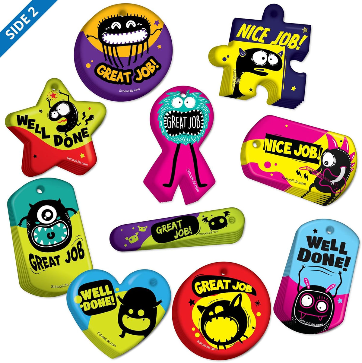 Brag Tags Fun Critters & Monsters Increase Attendance Incentives Value Pack: 250 Multicolor, Waterproof Teslin Brag Tags (25 Per Design) + 75 Hypoallergenic, USA-Made, 24" Aluminum Safety Chains