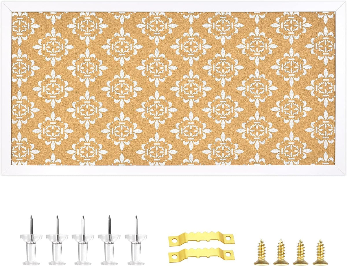 Decorative Cork Board for Walls, Bulletin Board with White Floral Print, White Framed Pin Board Vision Board for Office School Bedroom and Dorm Room with Pins, Screws(3060,1pc)