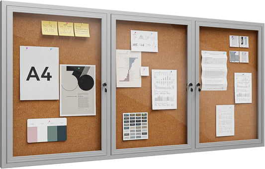 72"x36" Lockable Enclosed Bulletin Board, Outdoor Cork Weather-Resistant Aluminum Frame Notice Board, Wall Mounted Display Case Acrylic Doors for School,Office,Silver Frame w/Cork