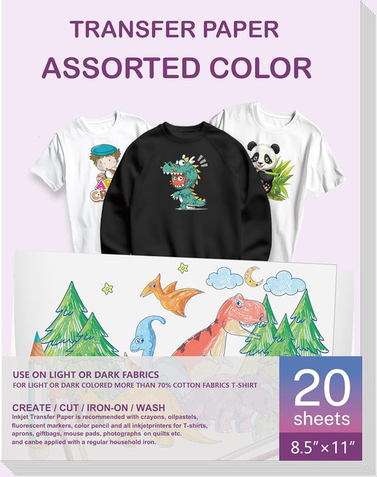 Heat Transfer Paper for Inkjet & Laserjet Printer (20 Sheets 8.5"x11", 10 Light+10 Dark), Wash Durable, Long Lasting Printable HTV Infusible Ink Transfer Sheets, Vinyl Iron on Fabric Printer Paper