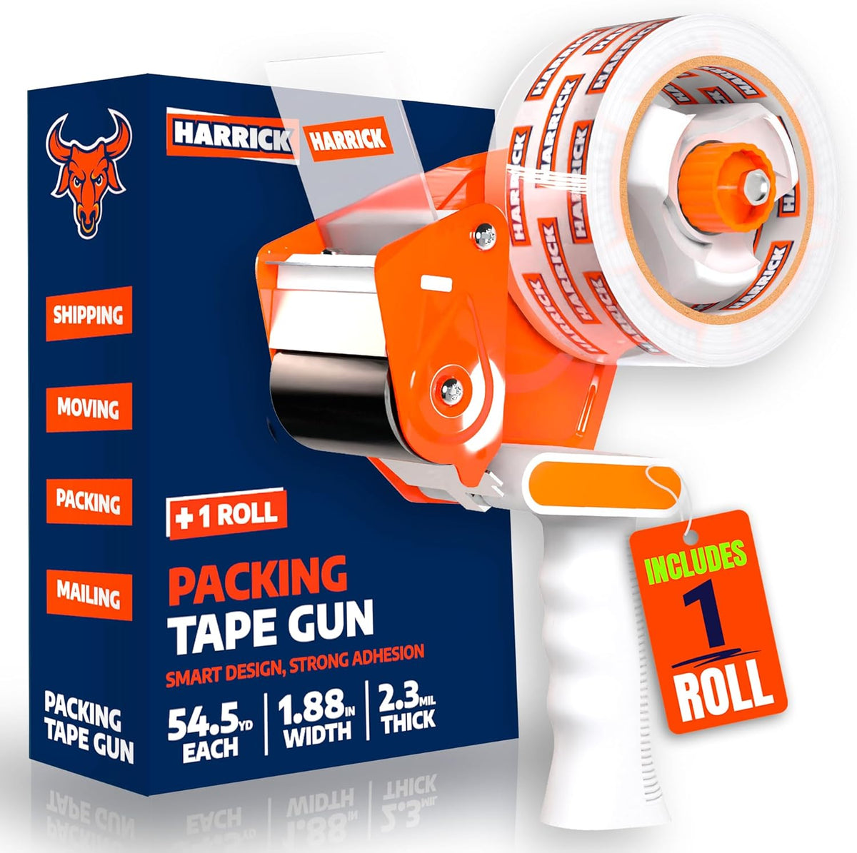 Clear Packing Tape 1.88 inch - Metal Package Tape for Home & Office - Strong & Durable Shipping Packaging Tape - Clear Packaging Tape Dispenser Heavy Duty - 1 Roll / 1 Tape Gun / 54.5 Yards