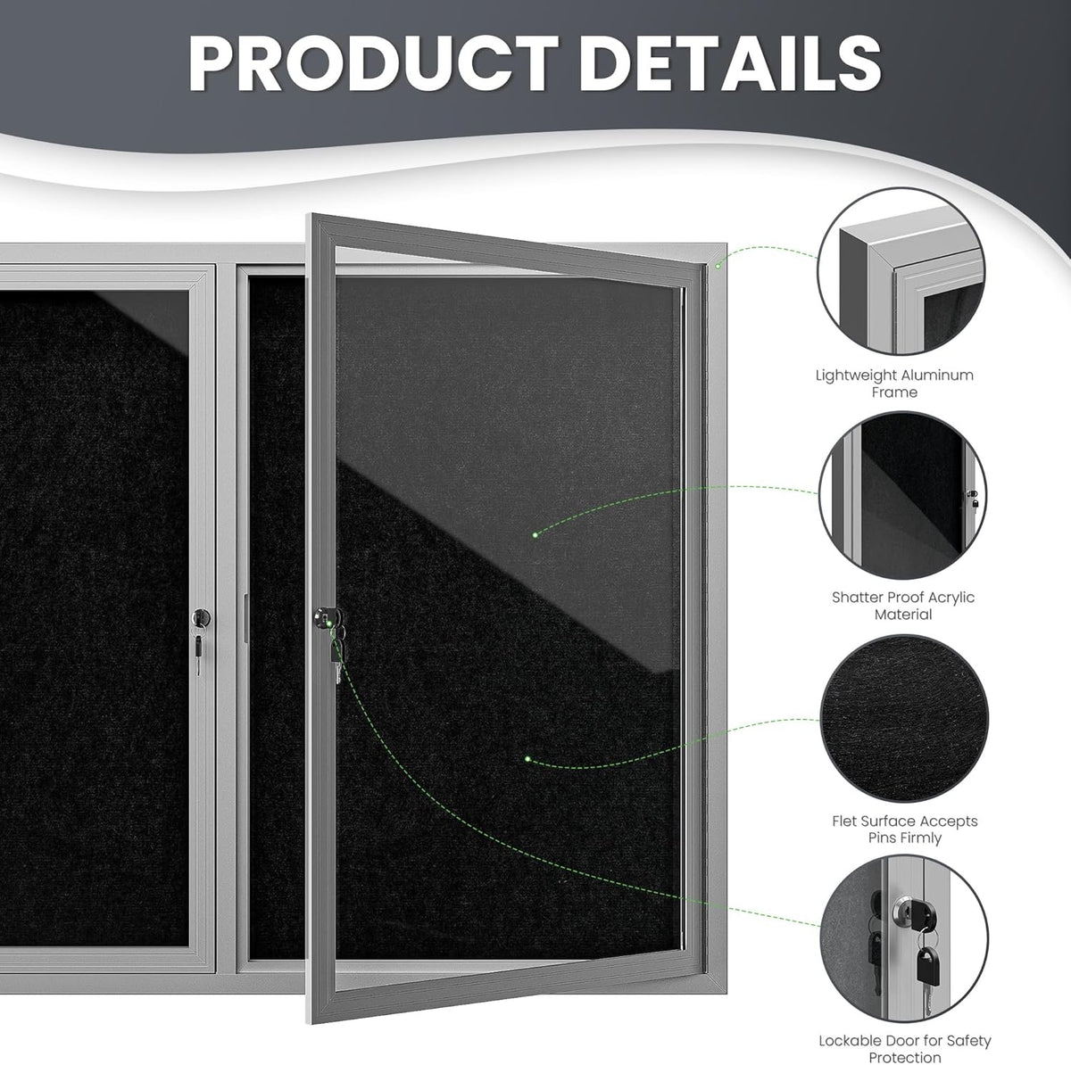 72"x36" Lockable Enclosed Bulletin Board, Outdoor Flet Weather-Resistant Aluminum Frame Notice Board, Wall Mounted Display Case Acrylic Doors for School,Office,Silver Frame w/Black Flet