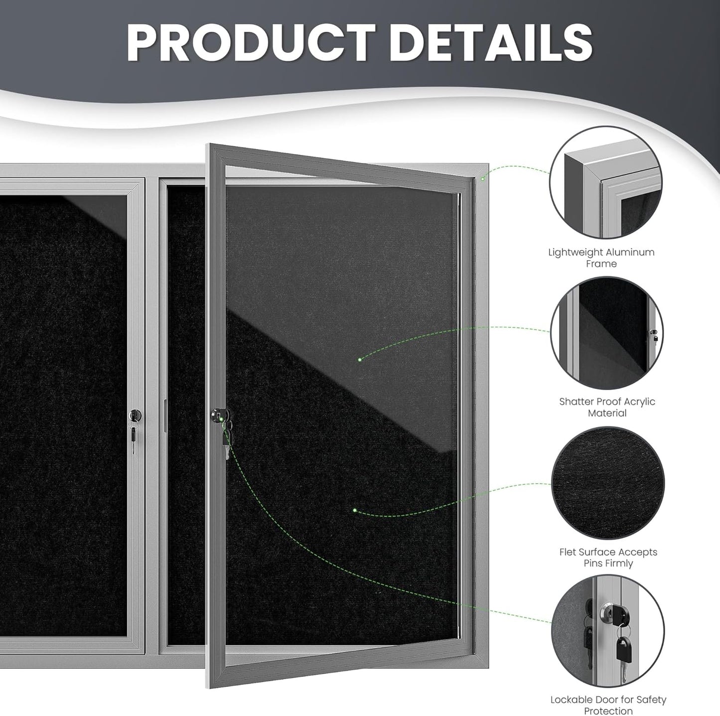 48"x36" Lockable Enclosed Bulletin Board, Outdoor Flet Weather-Resistant Aluminum Frame Notice Board, Wall Mounted Display Case Acrylic Doors for School,Office,Silver Frame w/Black Flet