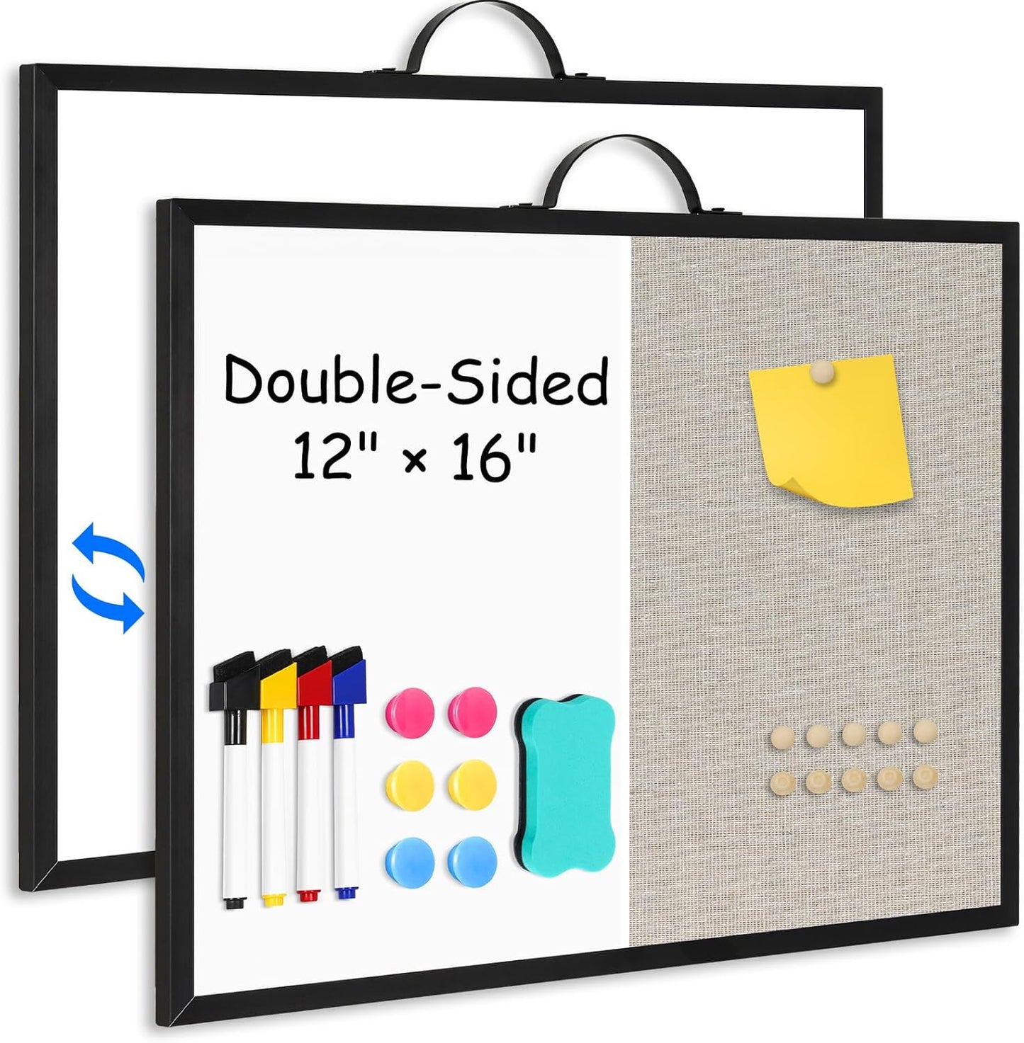 White Board Linen Bulletin Board Combo, 16"x12", Double-Sided Magnetic Dry Erase Cork Board for Walls, Aluminum Frame Small Pin Board with Handles for Home, Office, School, Gray Felt