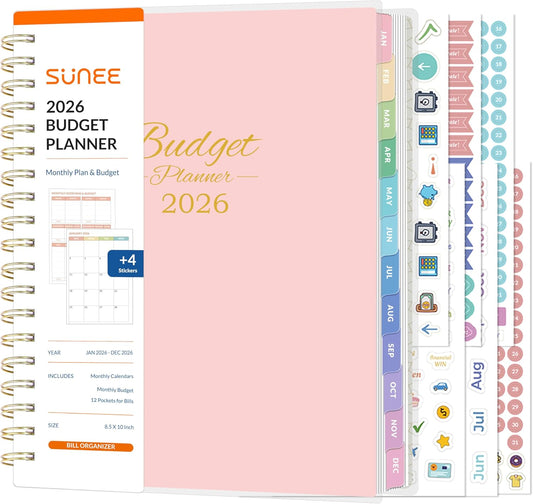 SUNEE 2026 Budget Planner - Deluxe Monthly Budget Book from JAN 2026 - DEC 2026, Bill Organizer with 12-Pockets, Expense Tracker Notebook B5 Size (8" x 10"), Finance Planner Account Book, Pink