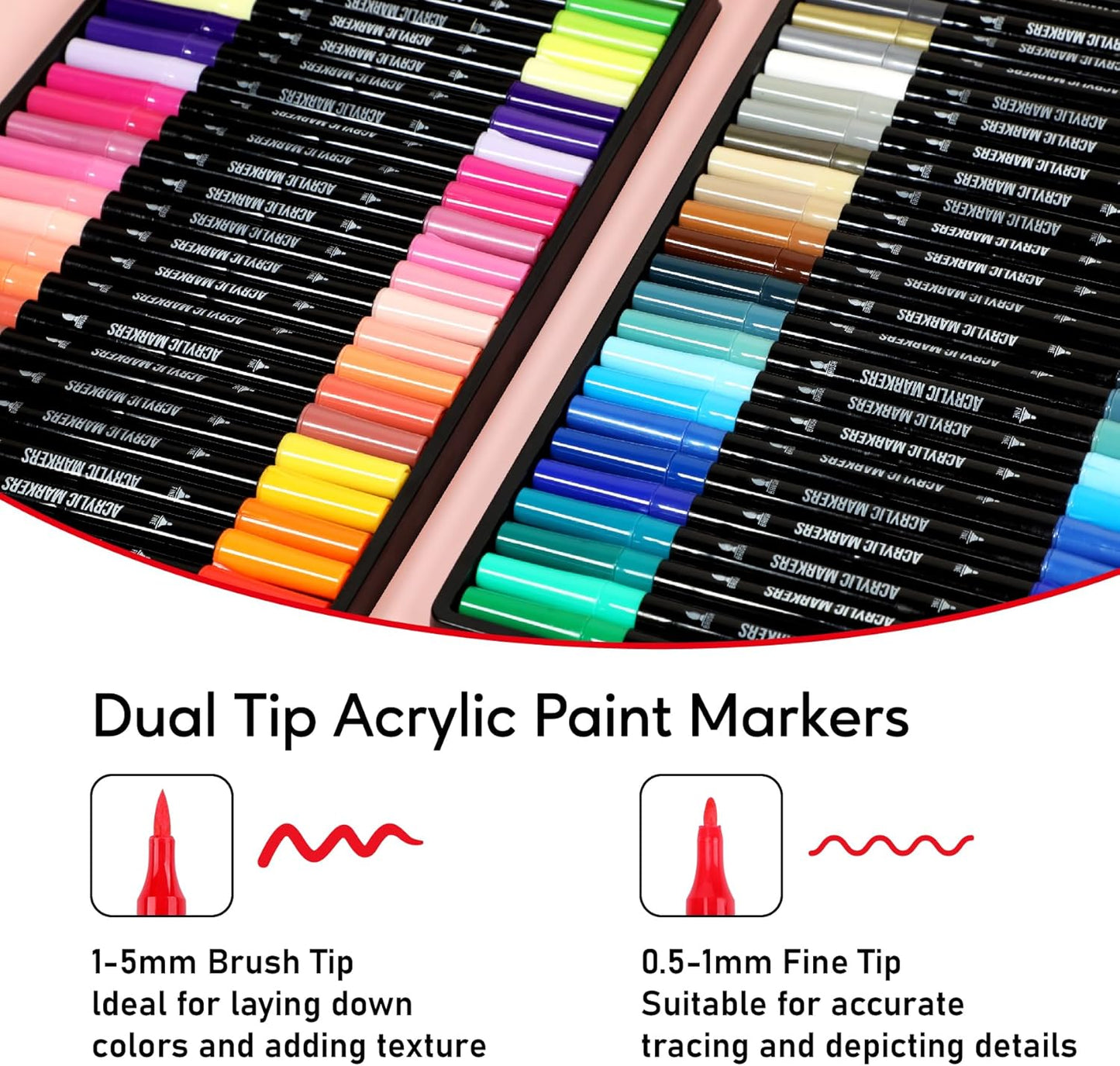 48 Colors Acrylic Paint Markers, Dual Tip with Fine Tip and Brush Tip Pens for Stone, Wood, Calligraphy, Canvas, Ceramic, Metal, Glass, Rock Painting, DIY Crafts