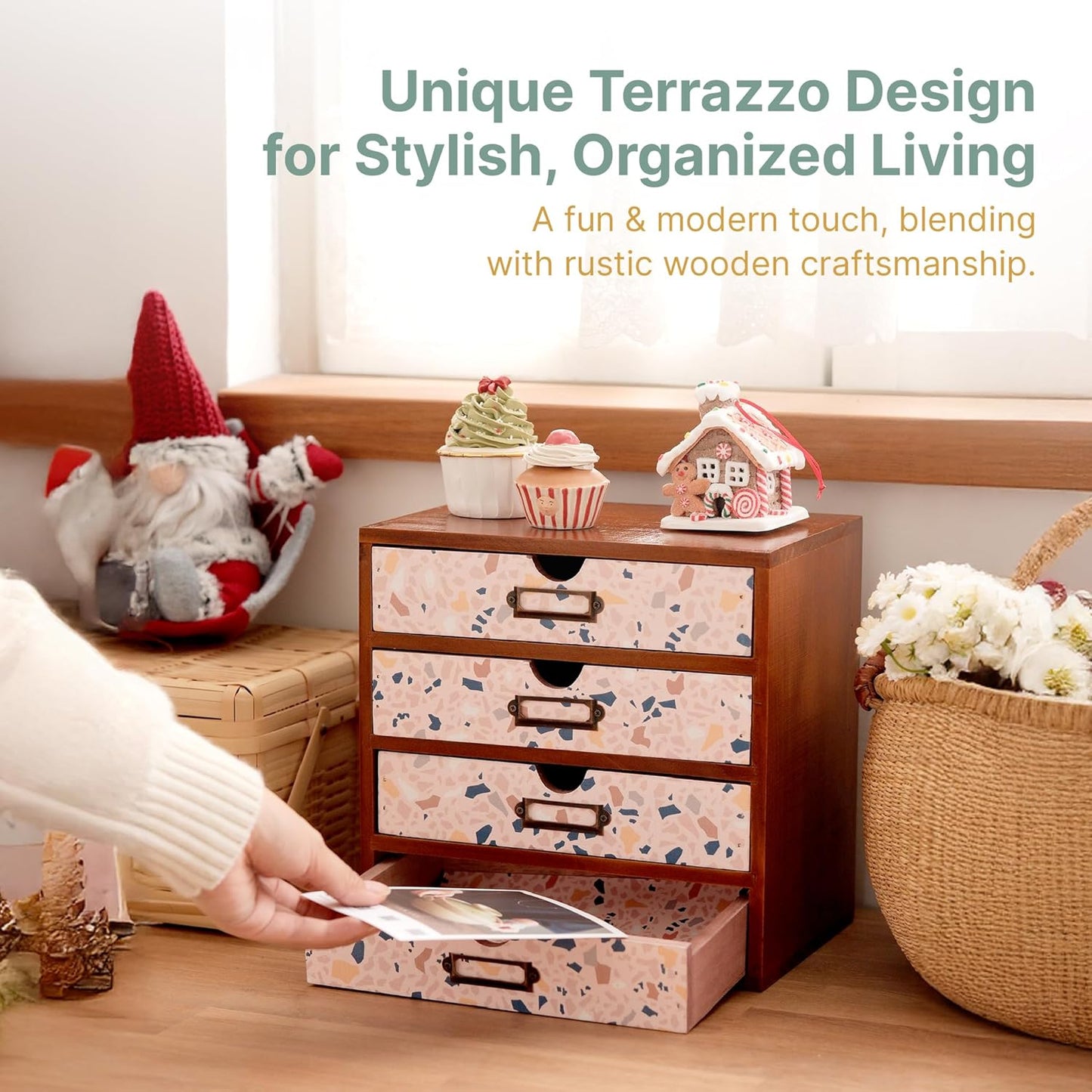 Terrazzo Pattern Wooden Desk Organizer - 4-Drawer Desktop Storage - Modern & Rustic Wood Cabinet for Office Supplies, Craft Tools, & Home Organization - Cute Drawer Unit