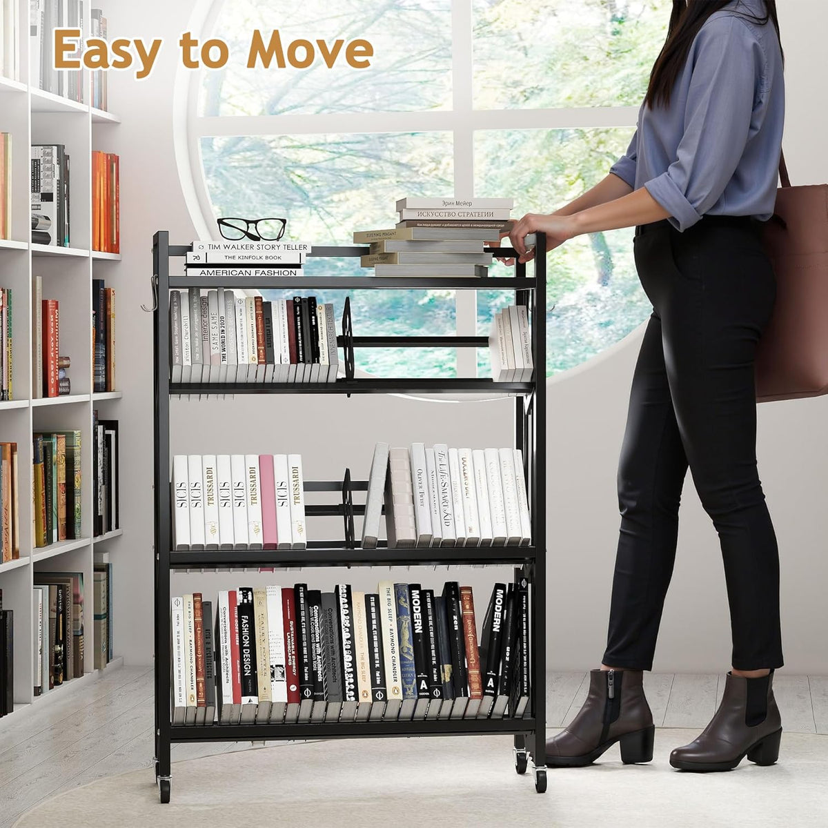 Book Carts with Wheels Library Rolling Book Cart 4 Tier Movable Bookshelf Mobile Large Capacity Organizer Rack for Teacher Classroom Office Room School (46.5'' H)