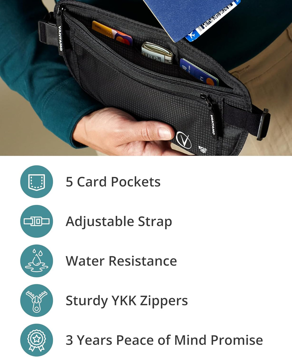 Vantamo Hidden Money Belt For Extra Safety, RFID Ultra-Thin Fanny Pack, 2 Compartment Money Bag Fits Passport & Phone