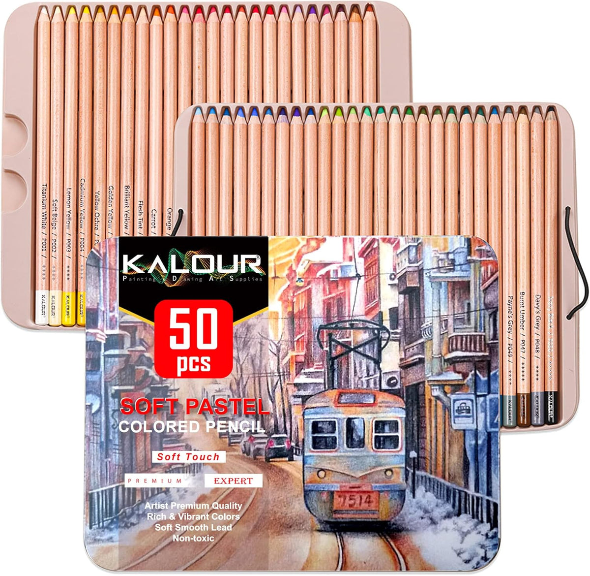 KALOUR Pro Pastel Chalk Colored Pencils,Set of 50 Colors,Color Charcoal Pencils for Drawing Sketching Coloring Shading,Art Supplies for Adults Artists