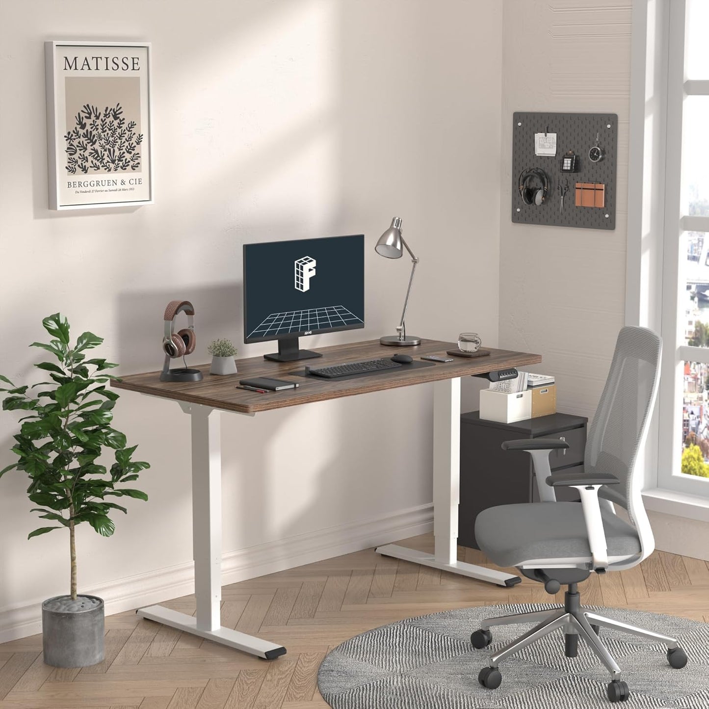 FLEXISPOT E6 Essential 3 Stages Dual Motor Electric Standing Desk 48x30 Inch Whole-Piece Board Height Adjustable Electric Sit Stand Desk（White Frame + Brown Wood Grain Desktop, 2 Packages）