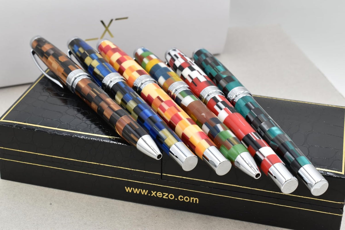 Xezo Urbanite II Ballpoint Pen, Medium Point. Sporty Red, Black, and White Checkered Acrylic on Brass. Chrome Plated. Handcrafted, Limited Edition, Serialized