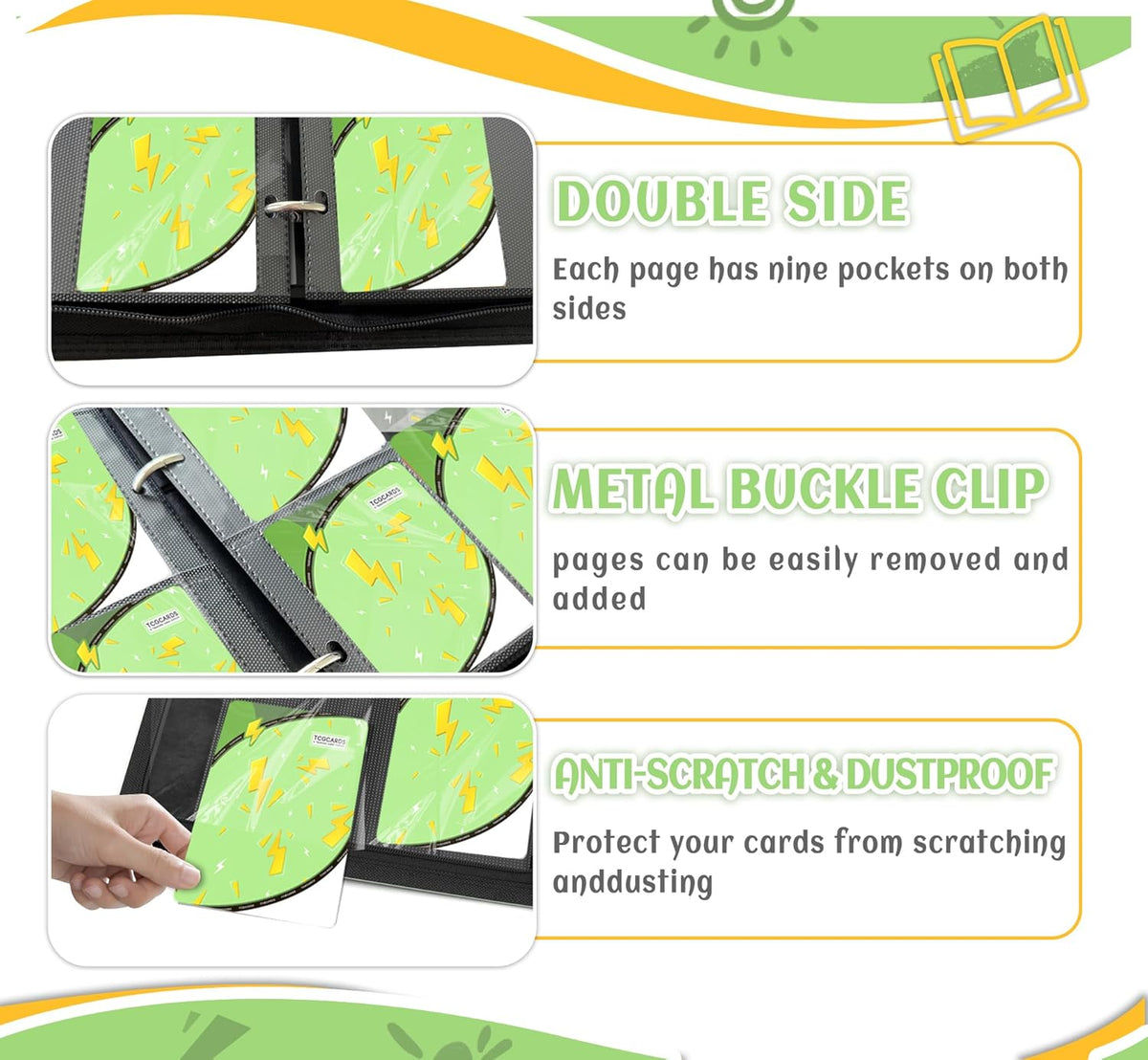 Trading Card Binder 4 Pocket，Card Binder 400 Pockets Card Book Holder Cards with 50 Removable Sleeves，3-Ring Zip Design MTG/TCG/Sport Collectible Trading Card Albums Gifts for Boys and Girls (Green)